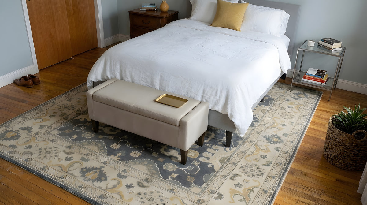 Trara Oushak Blue Hand Knotted Wool Rug in a bedroom