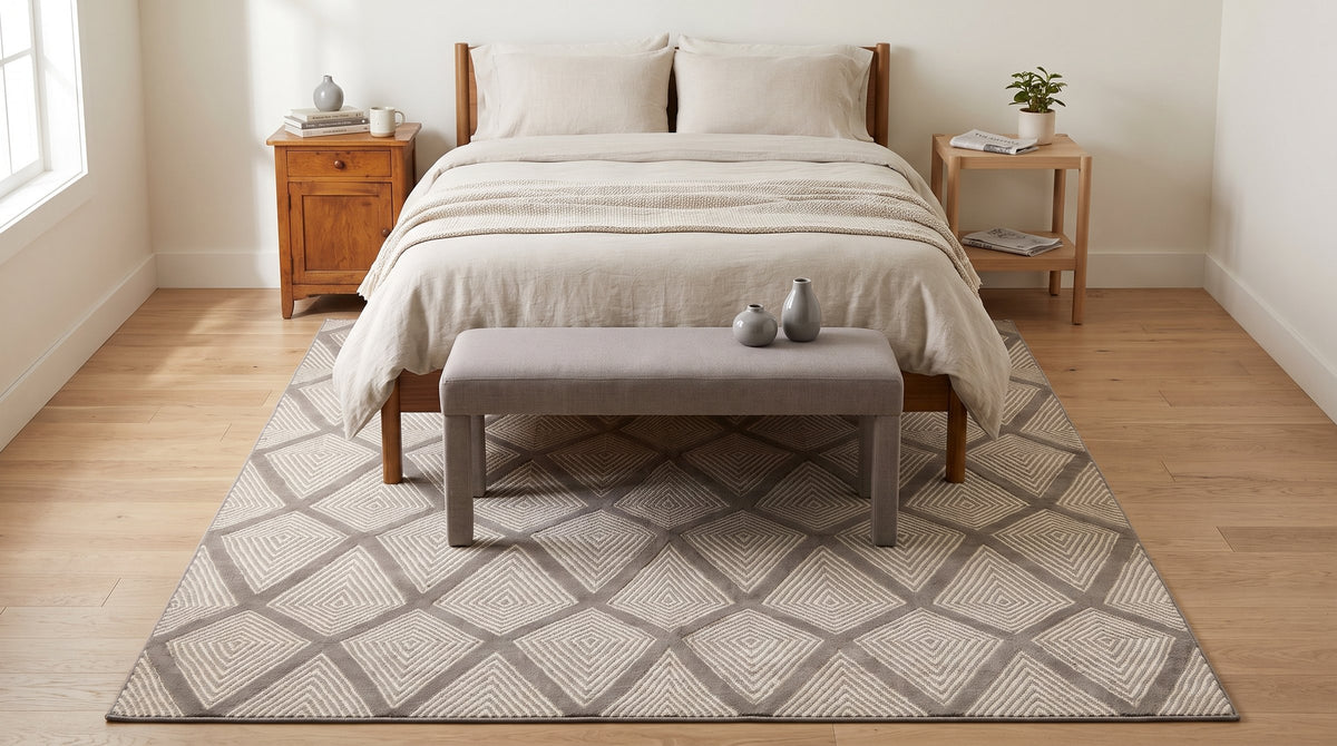Trendy Diamond Gray Hand Knotted Wool Rug in a bedroom