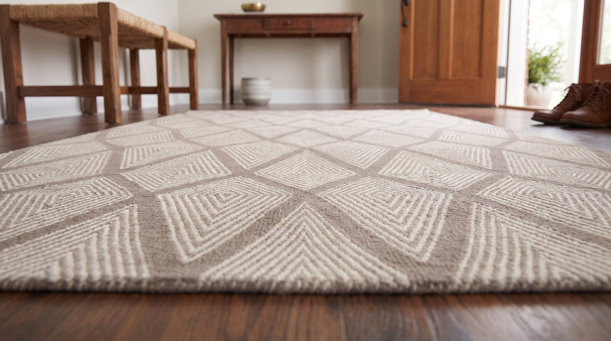 Trendy Diamond Gray Hand Knotted Wool Rug in a entryway