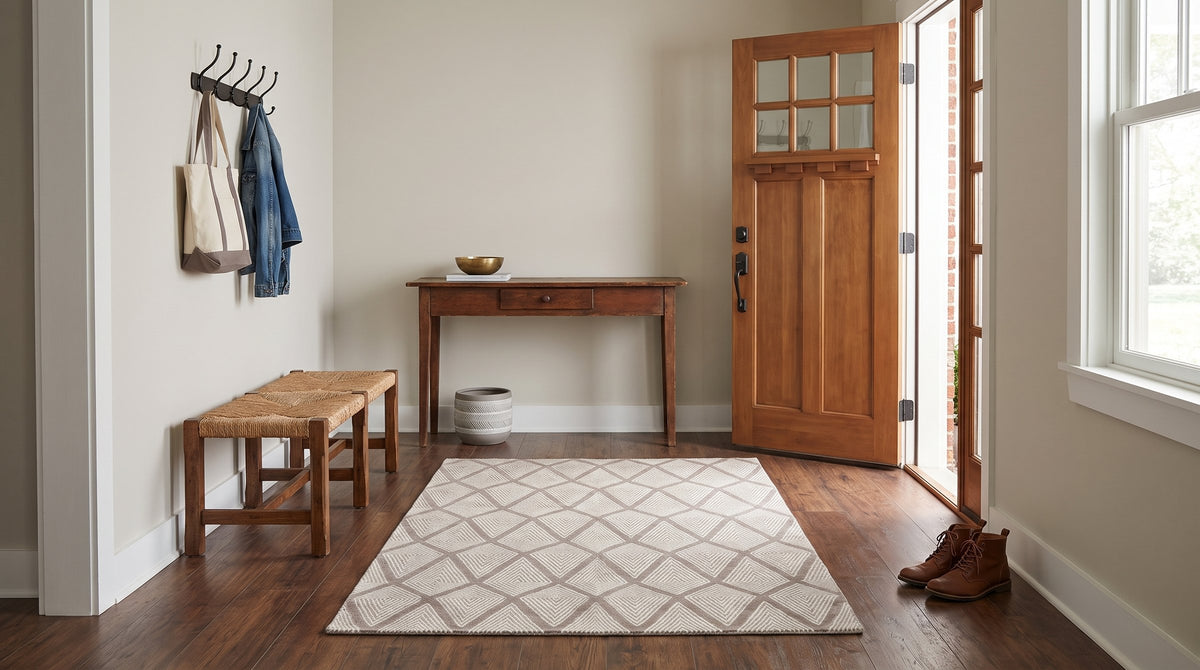 Trendy Diamond Gray Hand Knotted Wool Rug in a entryway