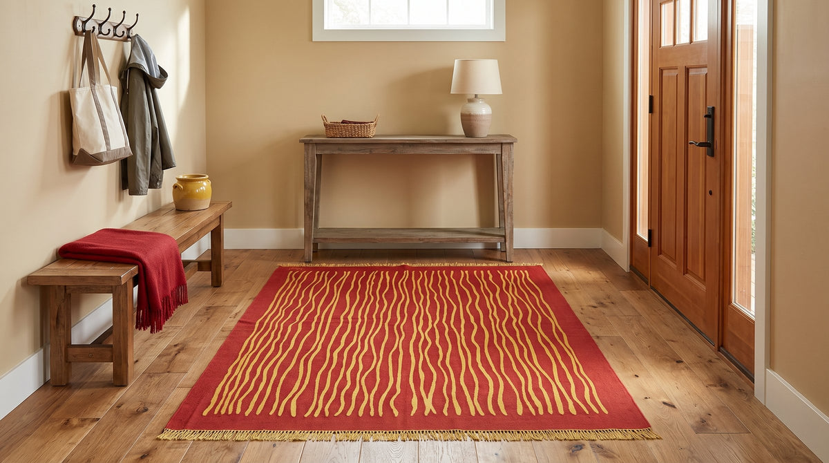Trendy Sloane Red Flatweave Wool Rug in a entryway
