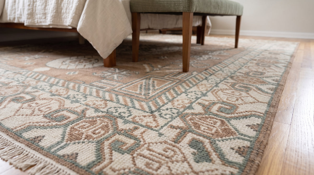Trendy Traditional Brown Hand Knotted Wool Rug in a bedroom