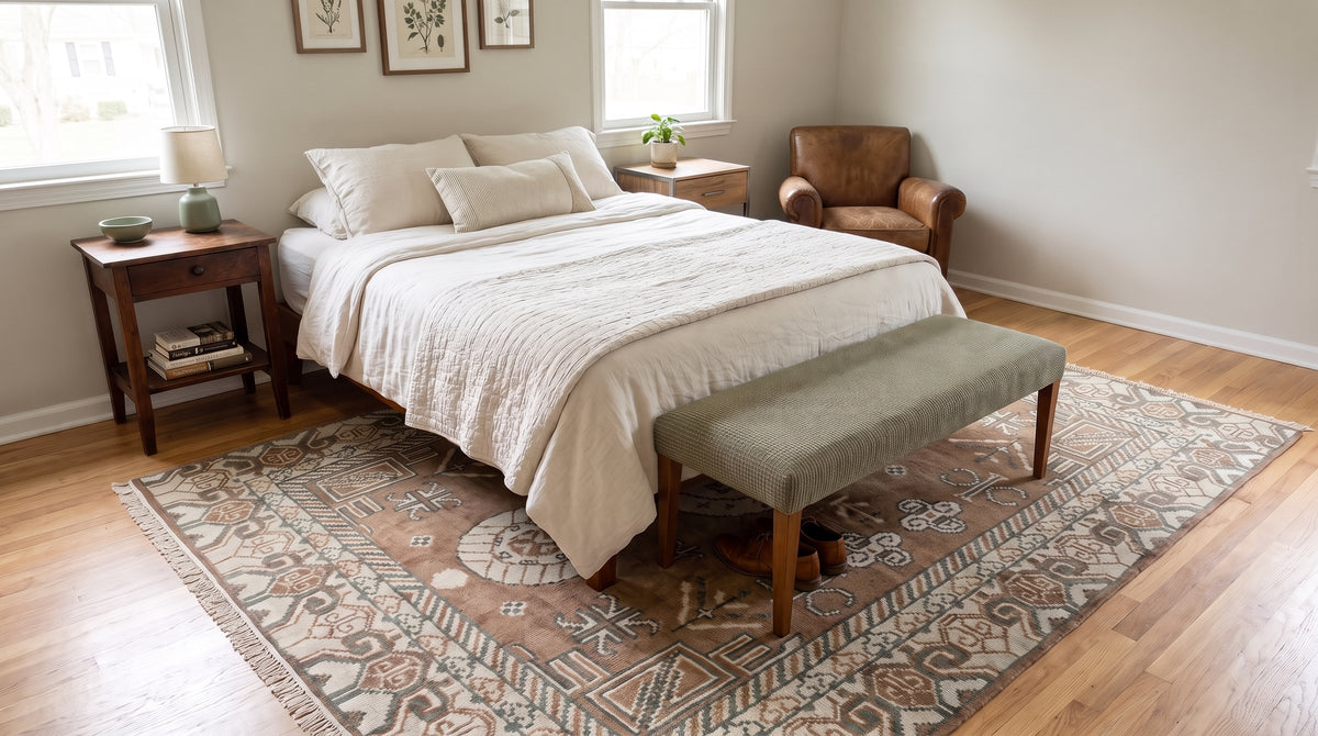 Trendy Traditional Brown Hand Knotted Wool Rug in a bedroom