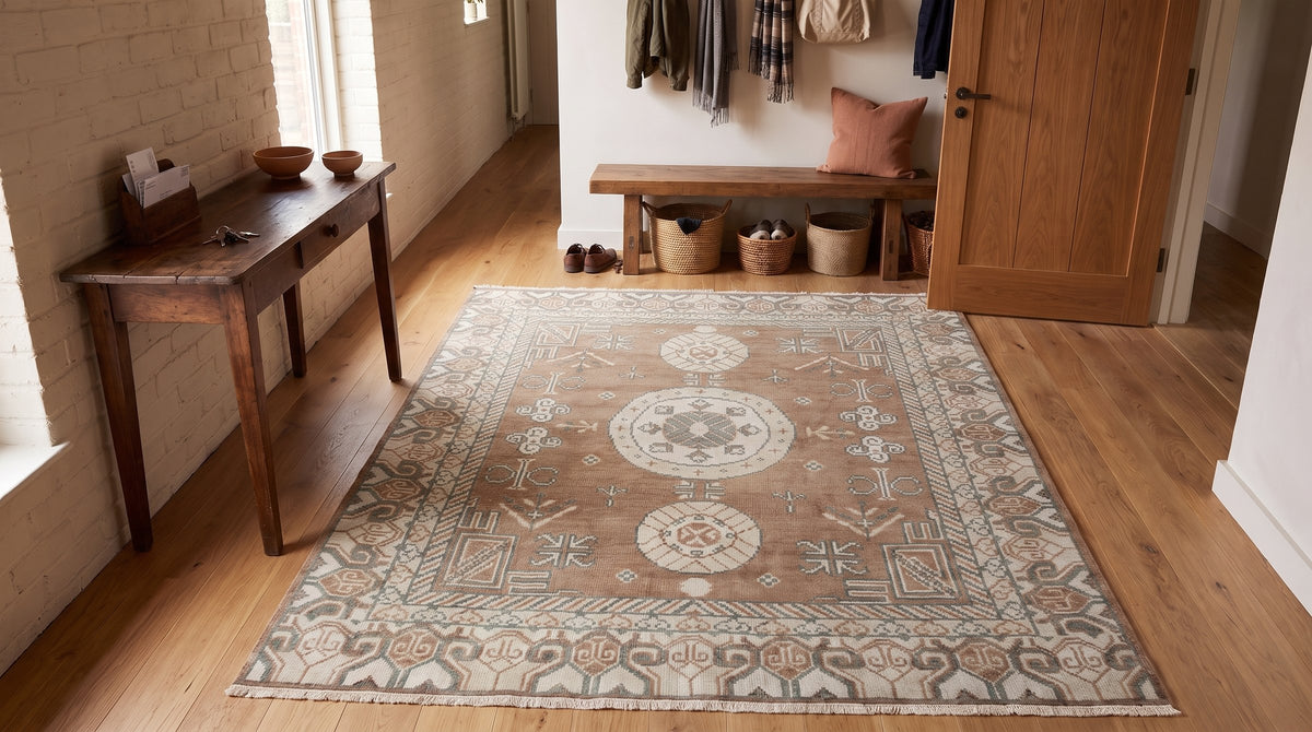 Trendy Traditional Brown Hand Knotted Wool Rug in a entryway
