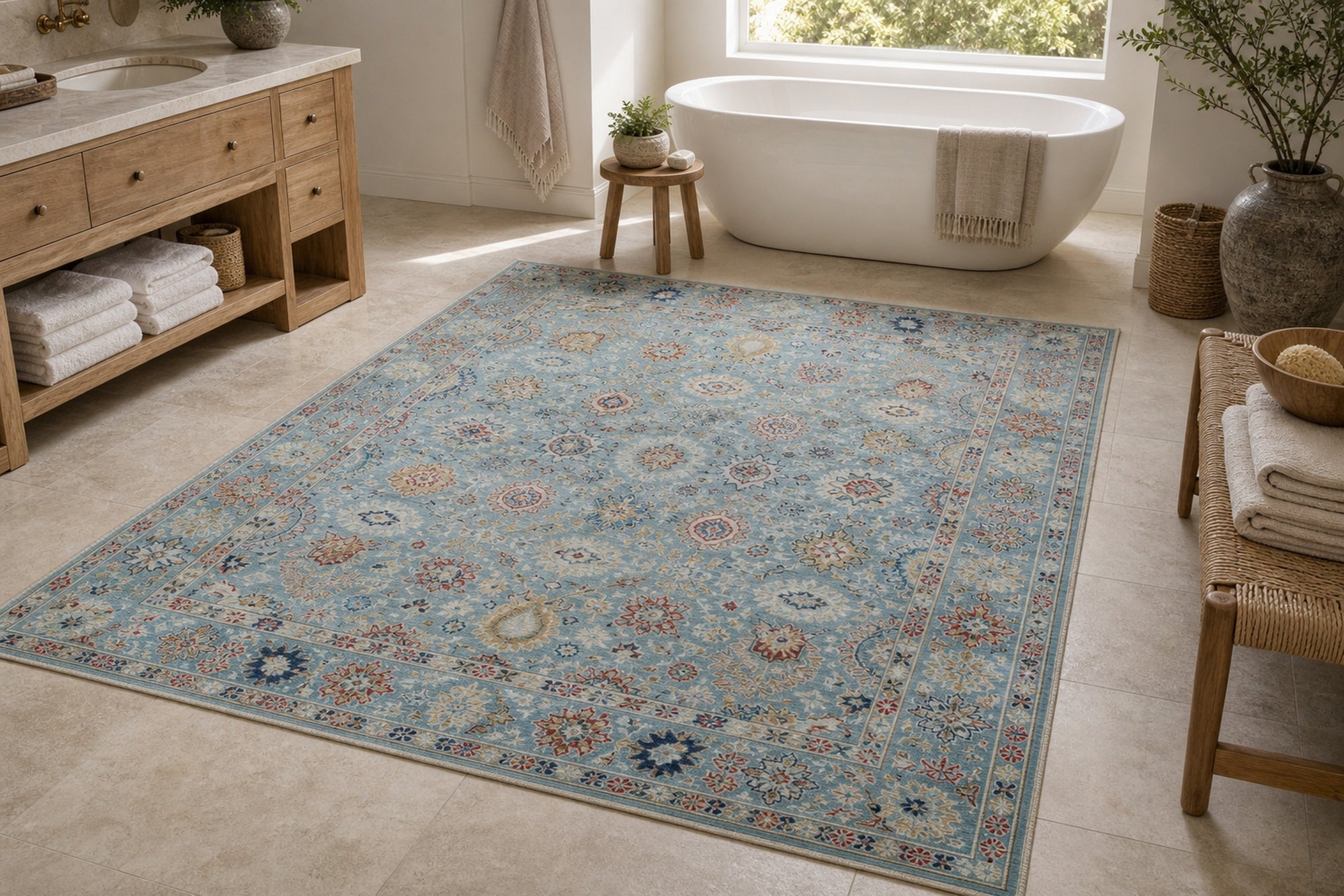 Turquoise Oushak floral rug styled in a spa bathroom