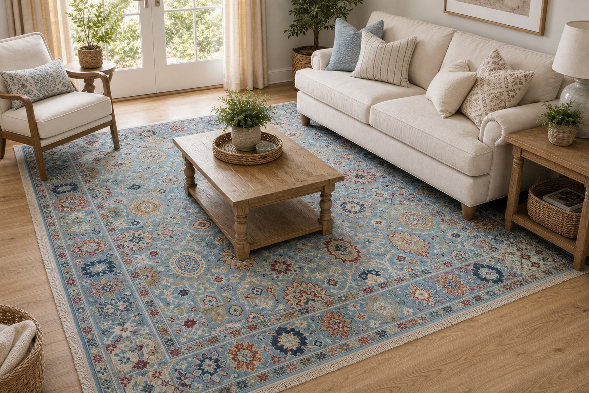 Turquoise Oushak floral rug styled in a bright living room