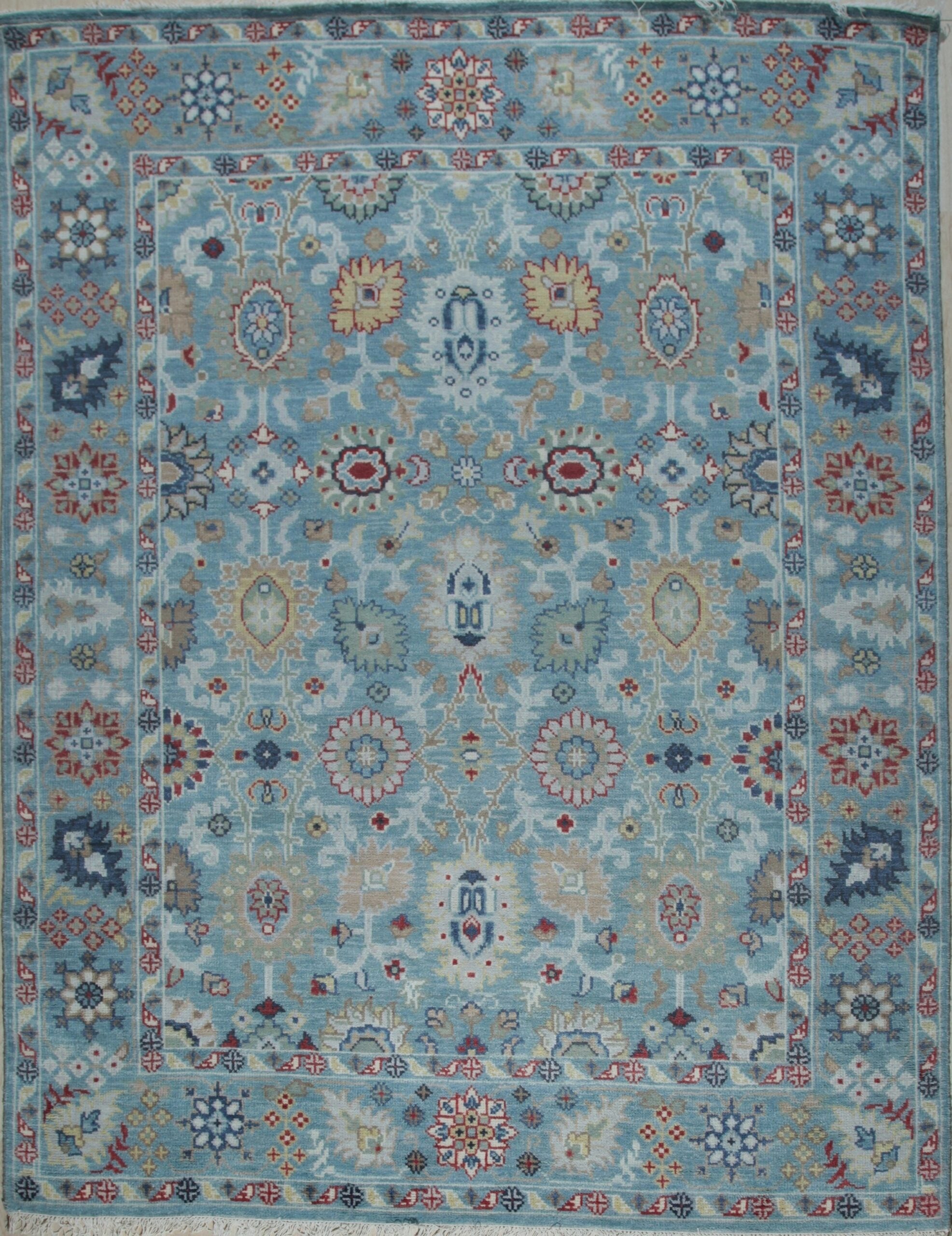 Turquoise Oushak floral hand-knotted wool area rug, full overhead view