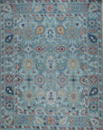 Turquoise Oushak floral hand-knotted wool area rug, full overhead view