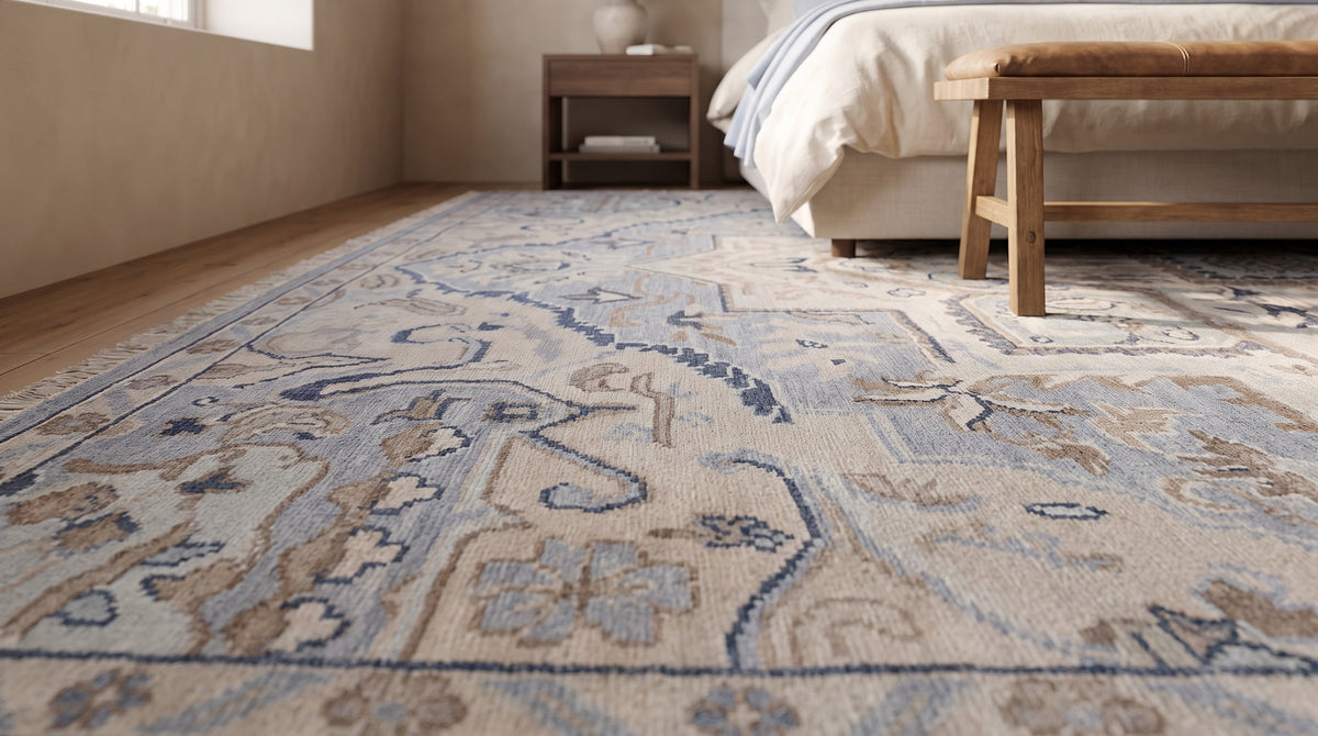 Unique Comfortable Blue Hand Knotted Wool Rug in a bedroom