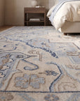Unique Comfortable Blue Hand Knotted Wool Rug in a bedroom