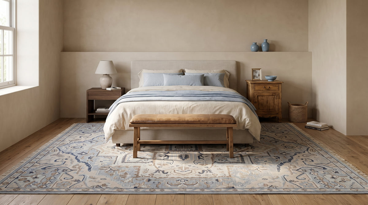 Unique Comfortable Blue Hand Knotted Wool Rug in a bedroom