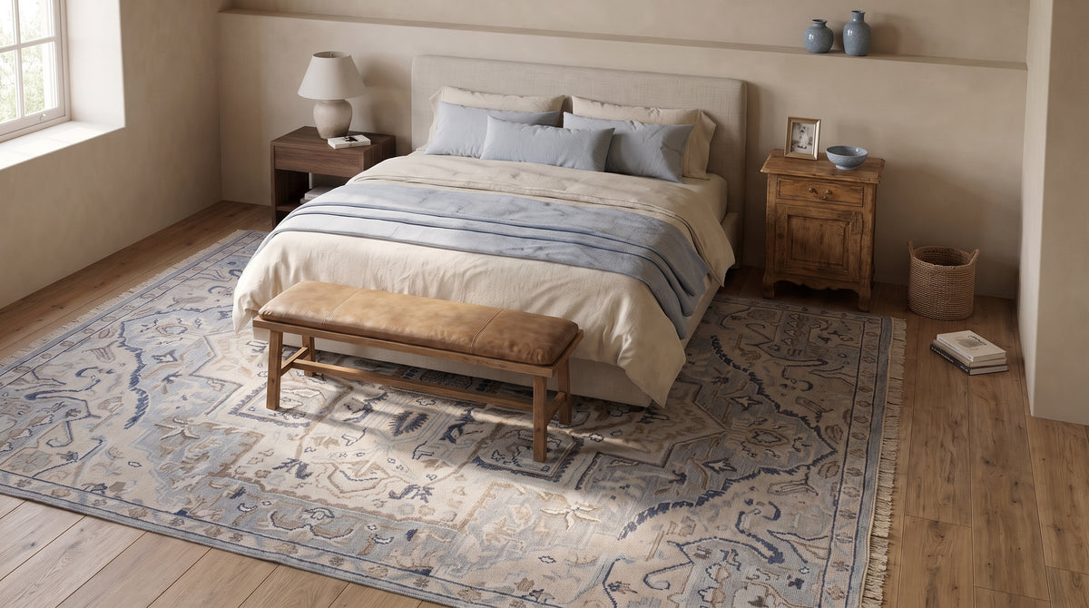 Unique Comfortable Blue Hand Knotted Wool Rug in a bedroom