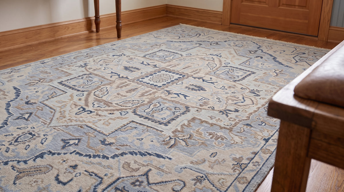 Unique Comfortable Blue Hand Knotted Wool Rug in a entryway