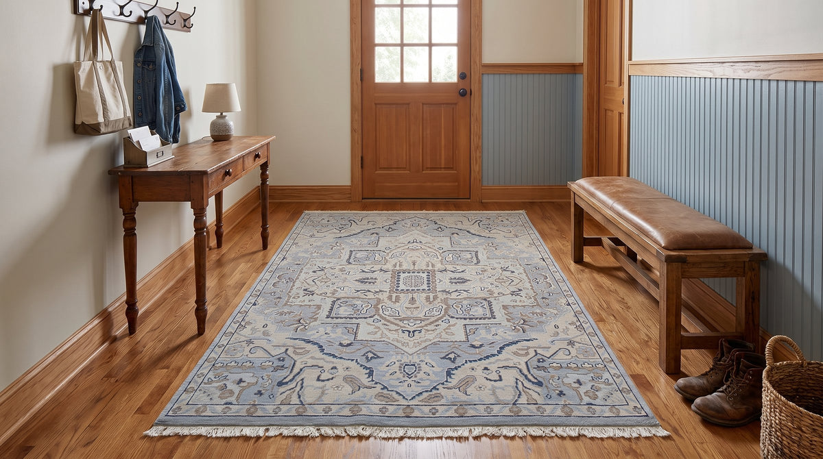Unique Comfortable Blue Hand Knotted Wool Rug in a entryway