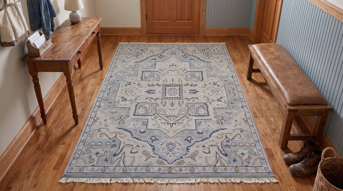 Unique Comfortable Blue Hand Knotted Wool Rug in a entryway