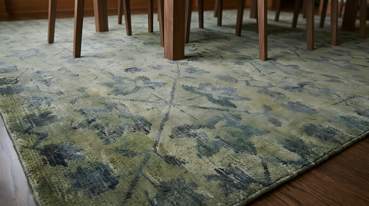 Unique Cozy Green Hand Knotted Wool Rug in a dining room