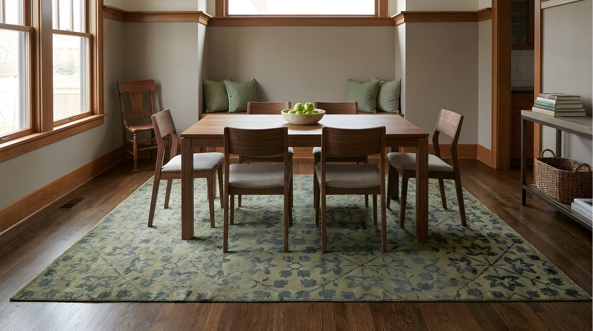 Unique Cozy Green Hand Knotted Wool Rug in a dining room
