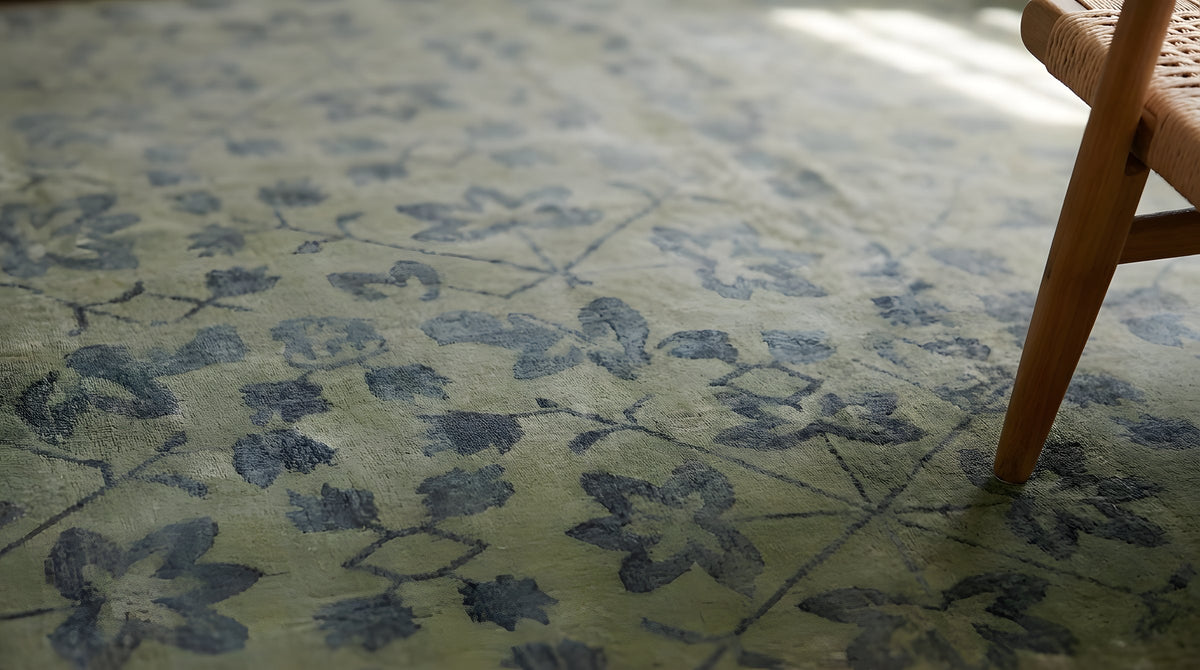 Unique Cozy Green Hand Knotted Wool Rug in a living room