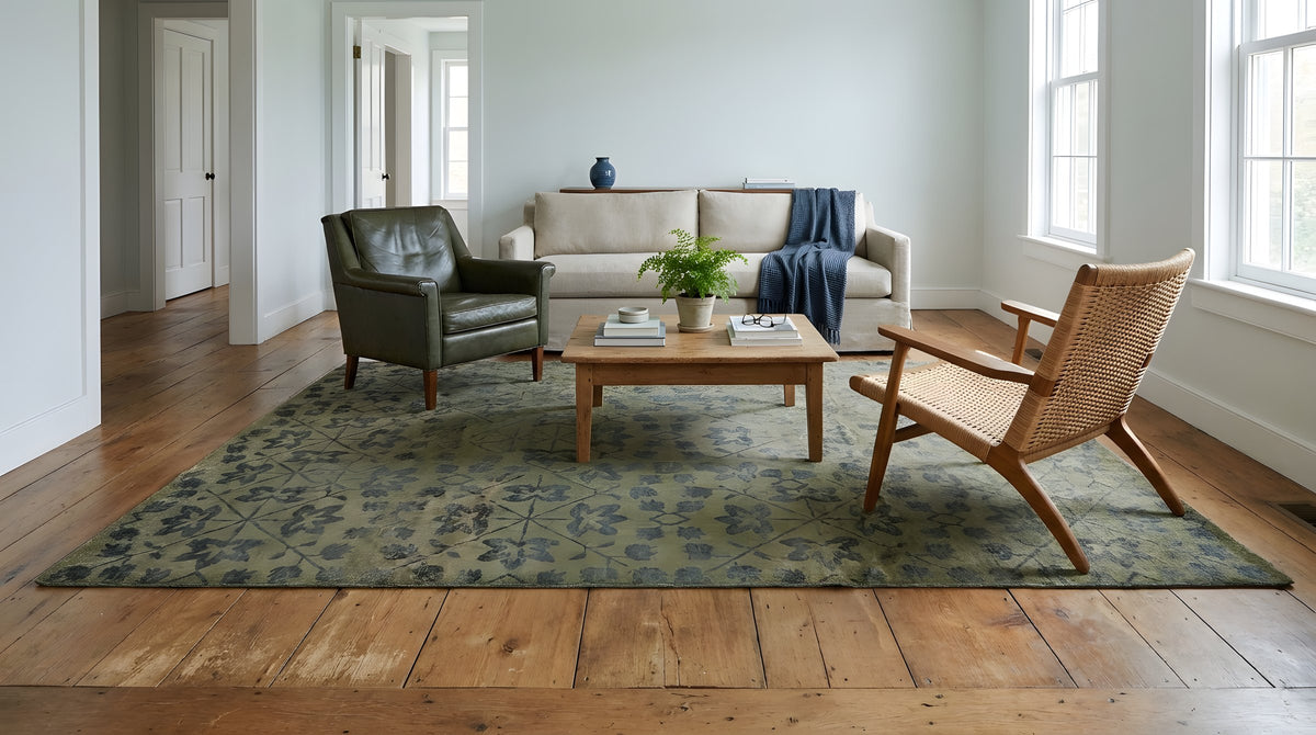 Unique Cozy Green Hand Knotted Wool Rug in a living room