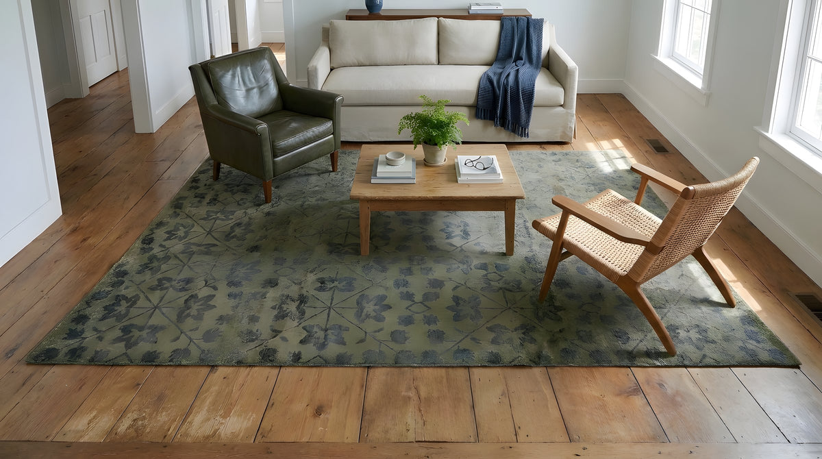 Unique Cozy Green Hand Knotted Wool Rug in a living room