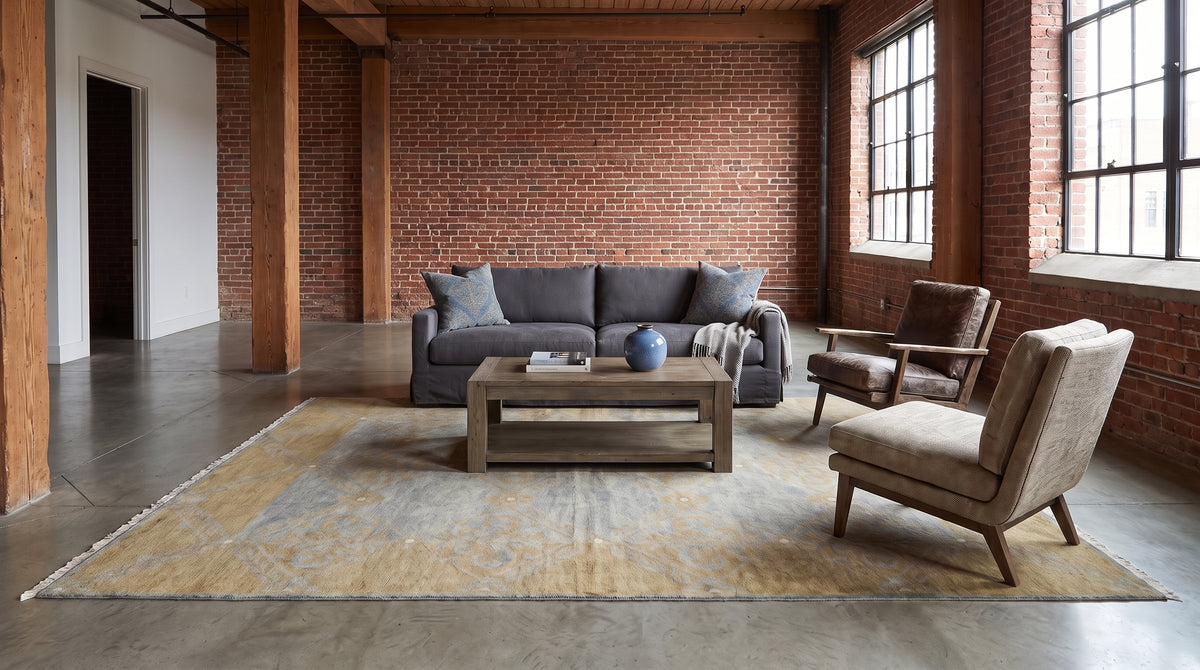 Versatile Classic Blue Hand Knotted Wool Rug in a living room
