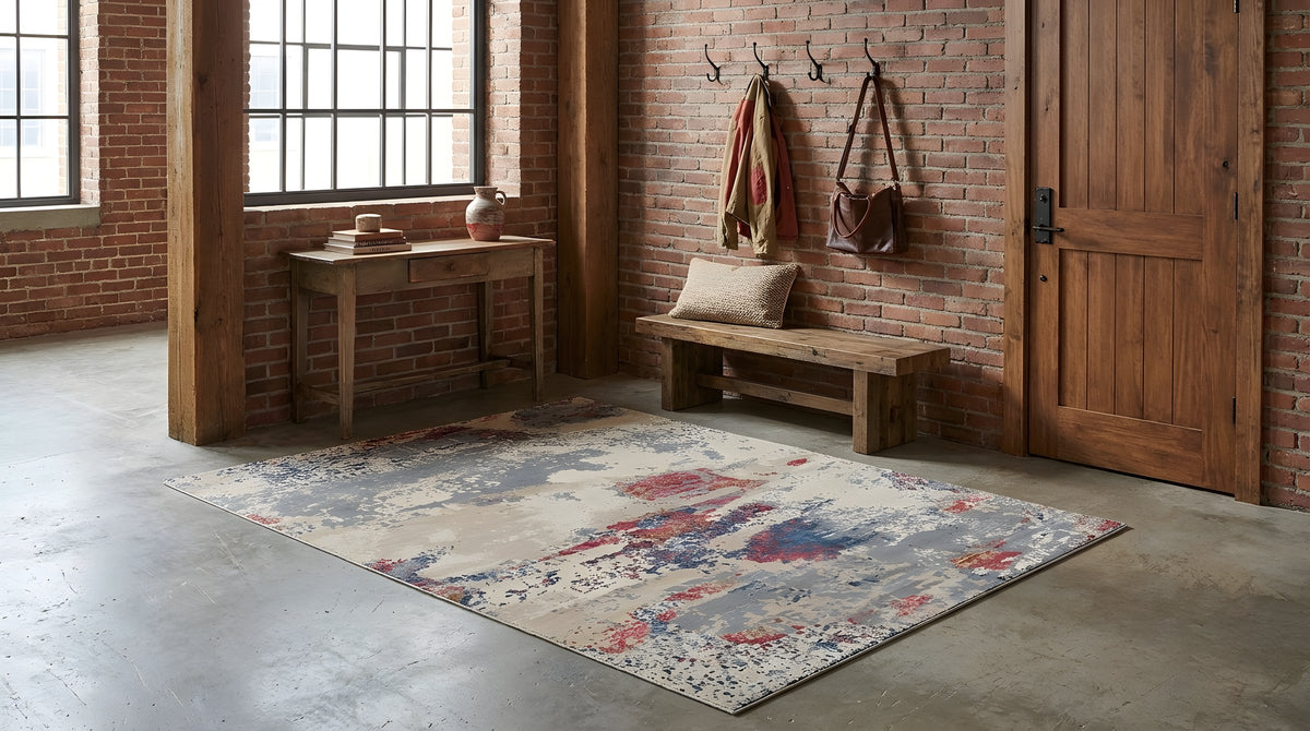Versatile Ivory and Red Hand Knotted Wool & Viscose Rug in a entryway