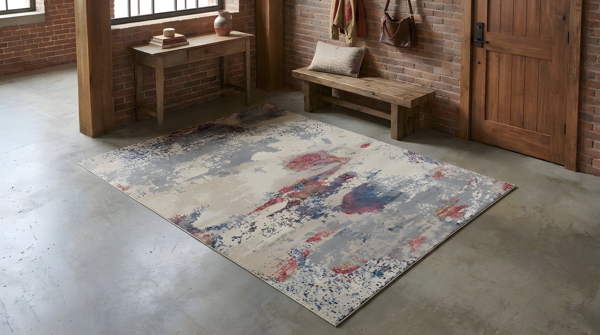 Versatile Ivory and Red Hand Knotted Wool & Viscose Rug in a entryway