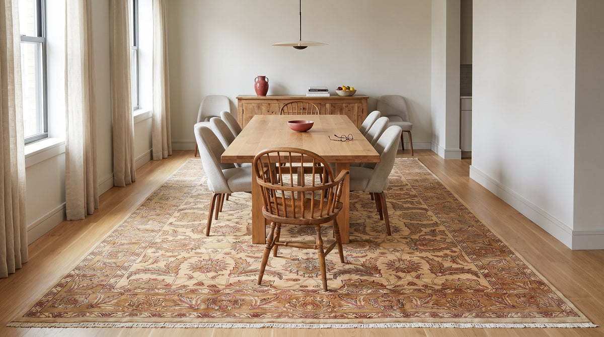 Vibrant Agra Beige Hand Knotted Wool Rug in a dining room