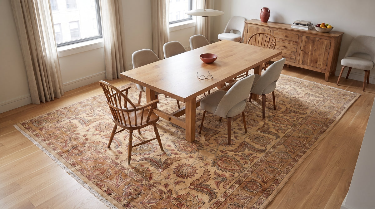 Vibrant Agra Beige Hand Knotted Wool Rug in a dining room