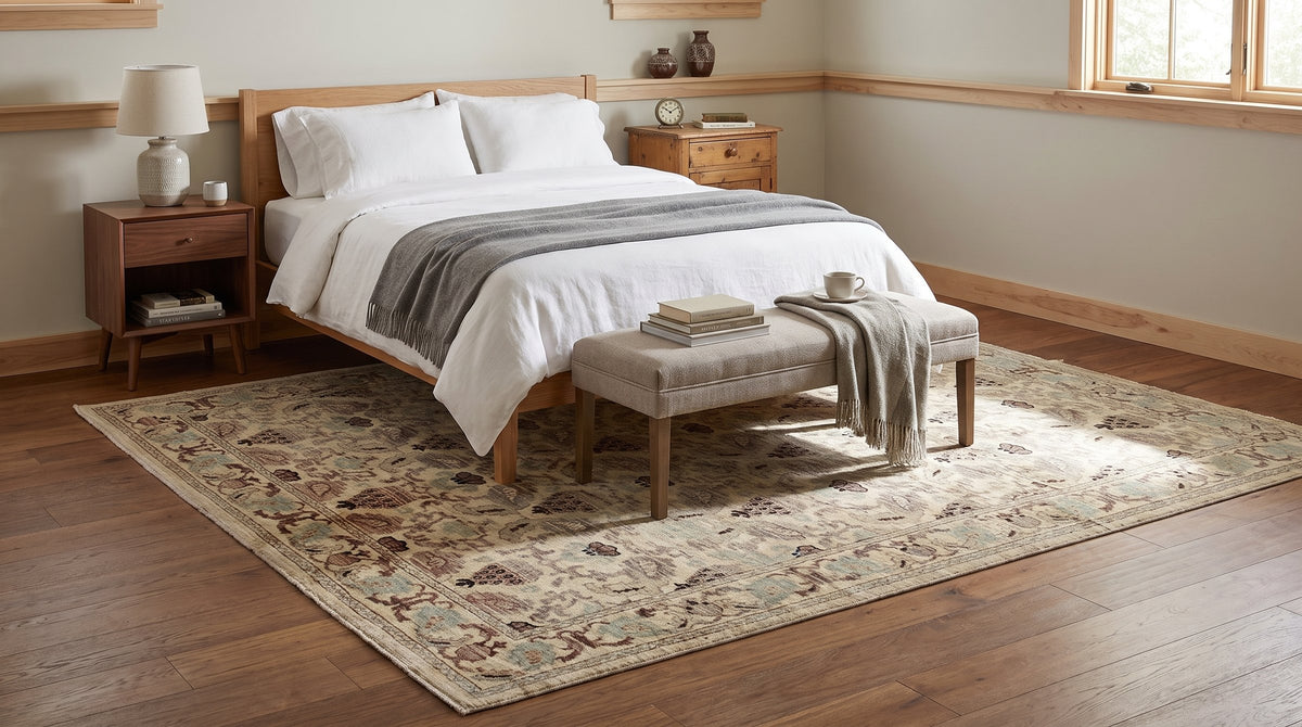 Vibrant Chloe Ivory Hand Knotted Wool Rug in a bedroom
