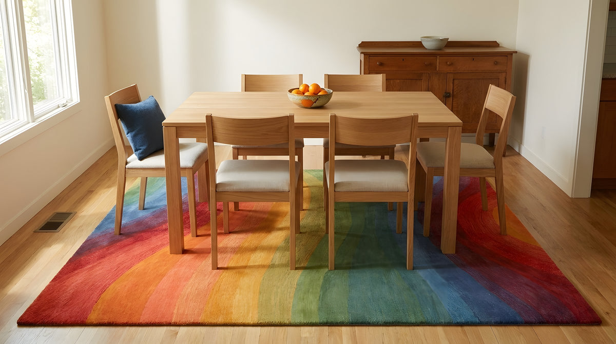 Vibrant Dazzling Multicolor Hand Tufted Wool Rug in a dining room