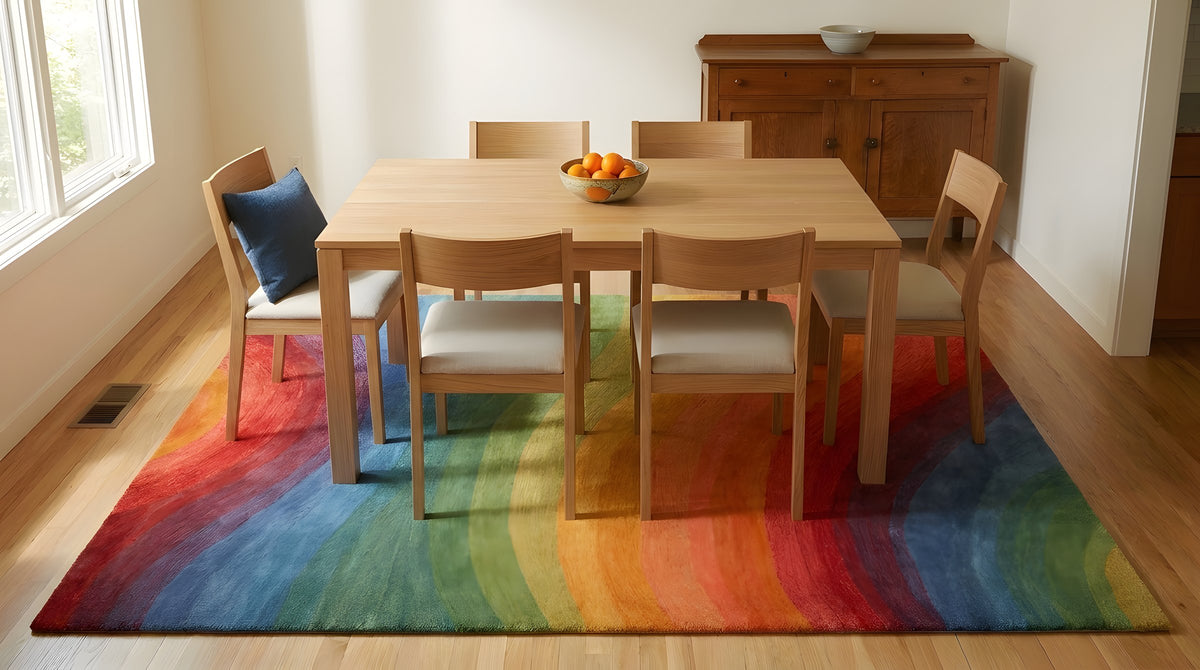 Vibrant Dazzling Multicolor Hand Tufted Wool Rug in a dining room