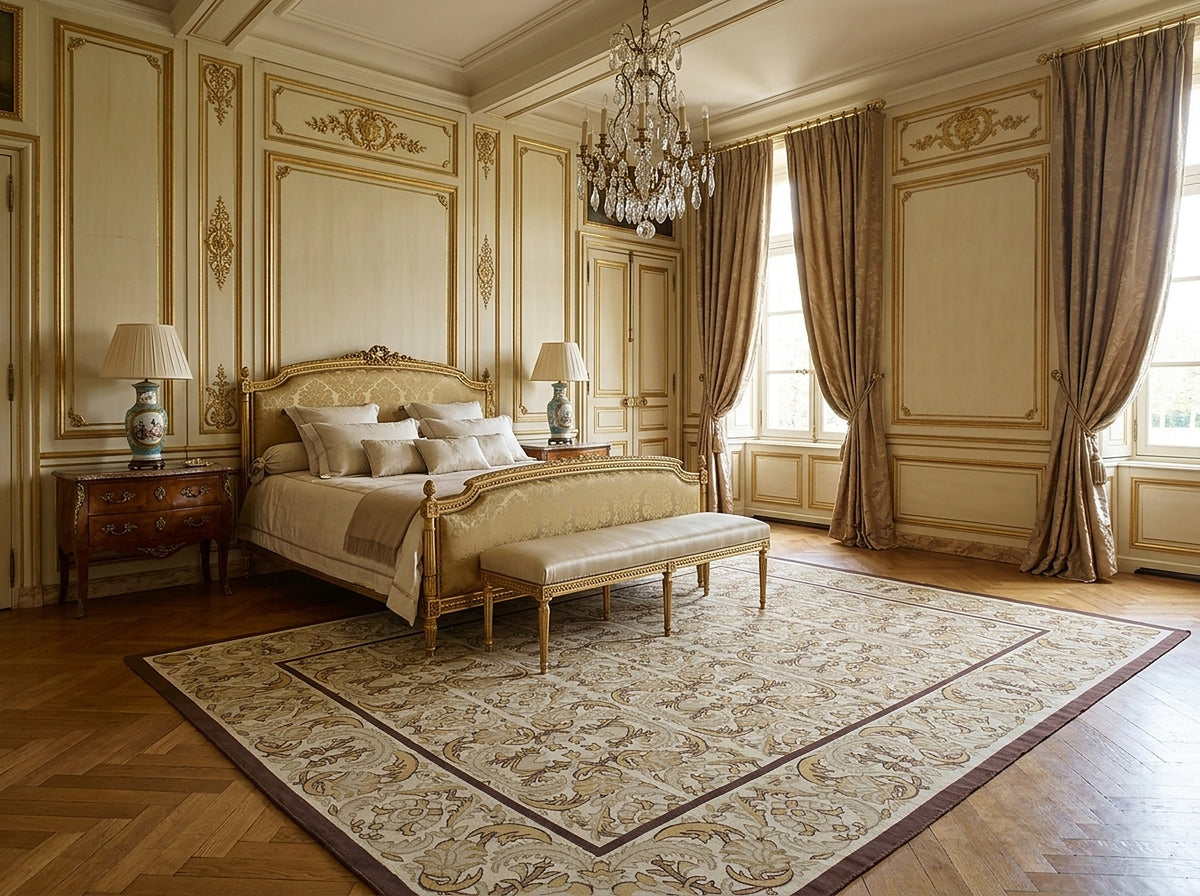 Vintage Aubusson Flat Weave Rug, Beige Renaissance Scroll styled in a bedroom