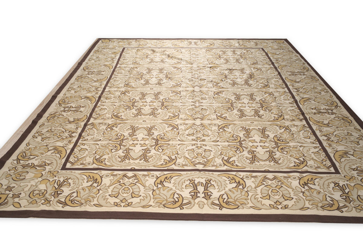 Vintage Aubusson Flat Weave Wool Rug, Beige Renaissance Scroll