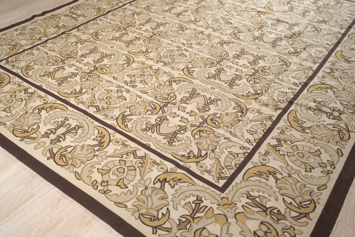 Vintage Aubusson Flat Weave Wool Rug, Beige Renaissance Scroll