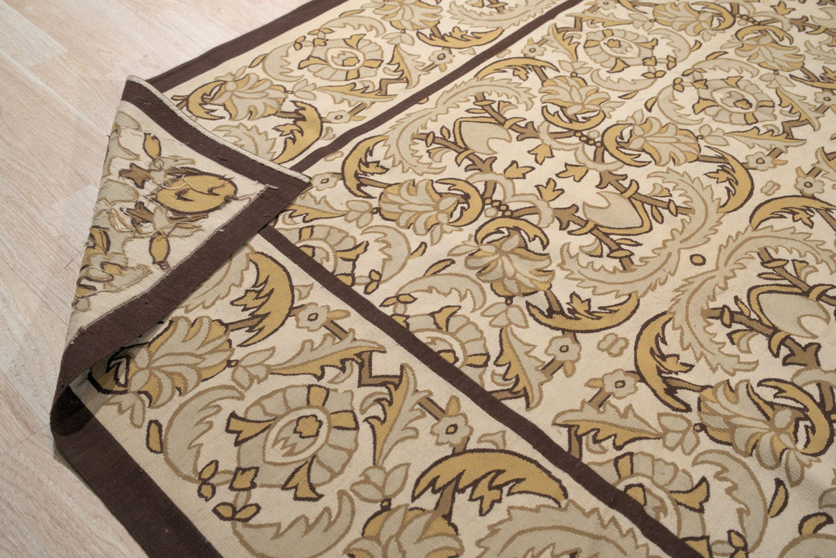Vintage Aubusson Flat Weave Wool Rug, Beige Renaissance Scroll