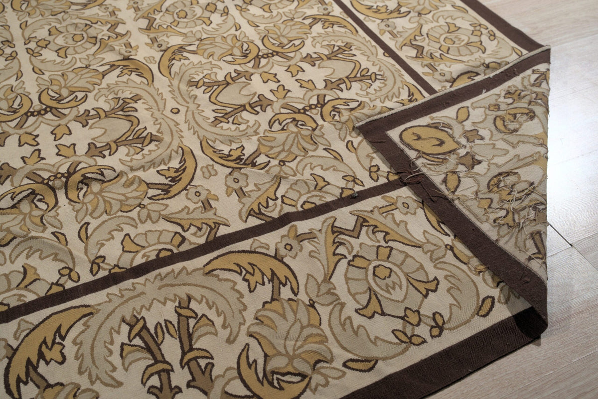 Vintage Aubusson Flat Weave Wool Rug, Beige Renaissance Scroll