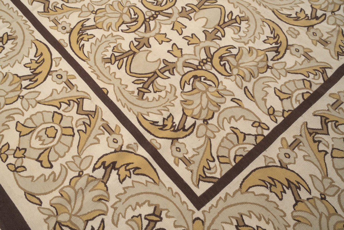 Vintage Aubusson Flat Weave Wool Rug, Beige Renaissance Scroll
