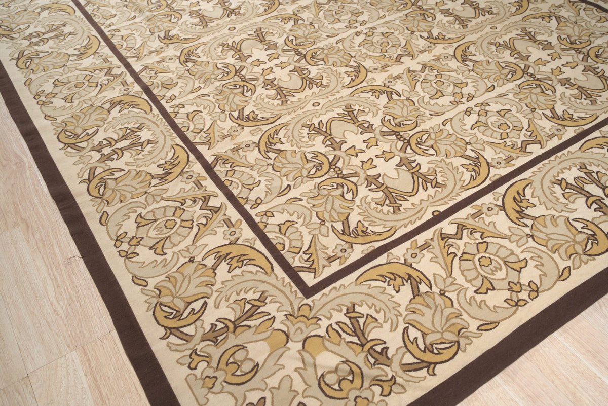 Vintage Aubusson Flat Weave Wool Rug, Beige Renaissance Scroll