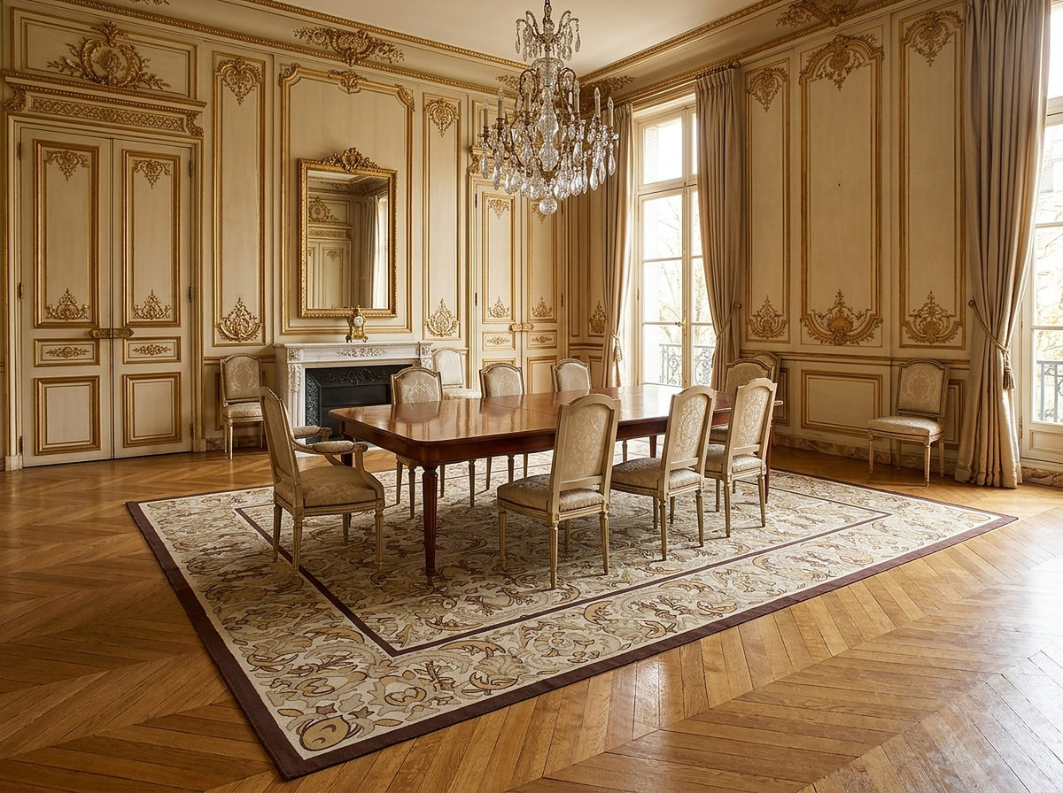 Vintage Aubusson Flat Weave Rug, Beige Renaissance Scroll styled in a dining room