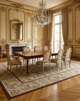 Vintage Aubusson Flat Weave Rug, Beige Renaissance Scroll styled in a dining room