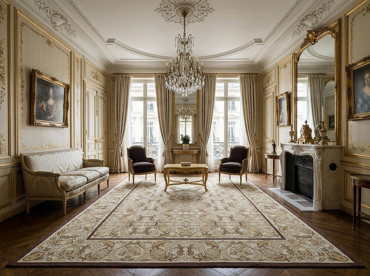 Vintage Aubusson Flat Weave Rug, Beige Renaissance Scroll styled in a living room