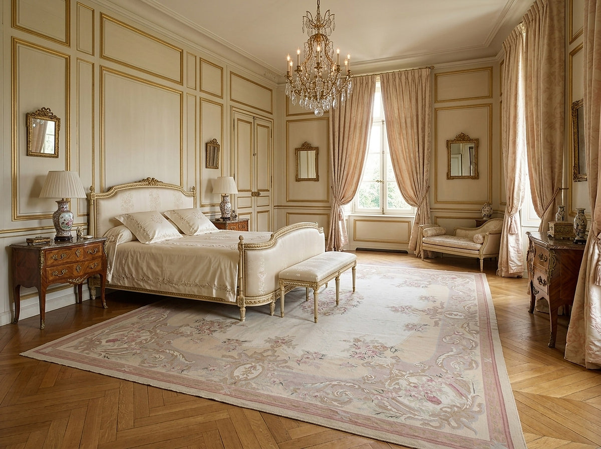 Vintage Aubusson Flat Weave Rug, Beige Rose Bouquet styled in a bedroom