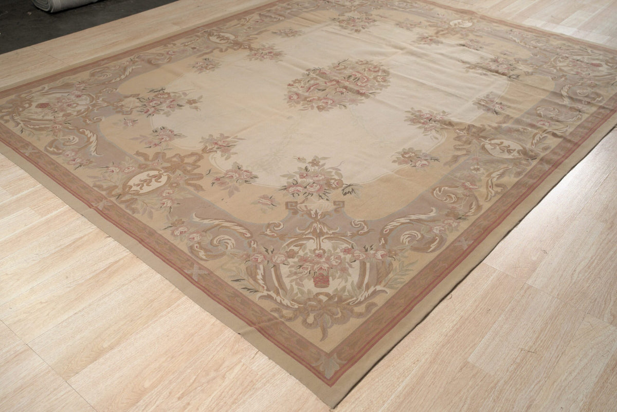Vintage Aubusson Flat Weave Wool Rug, Beige Rose Bouquet
