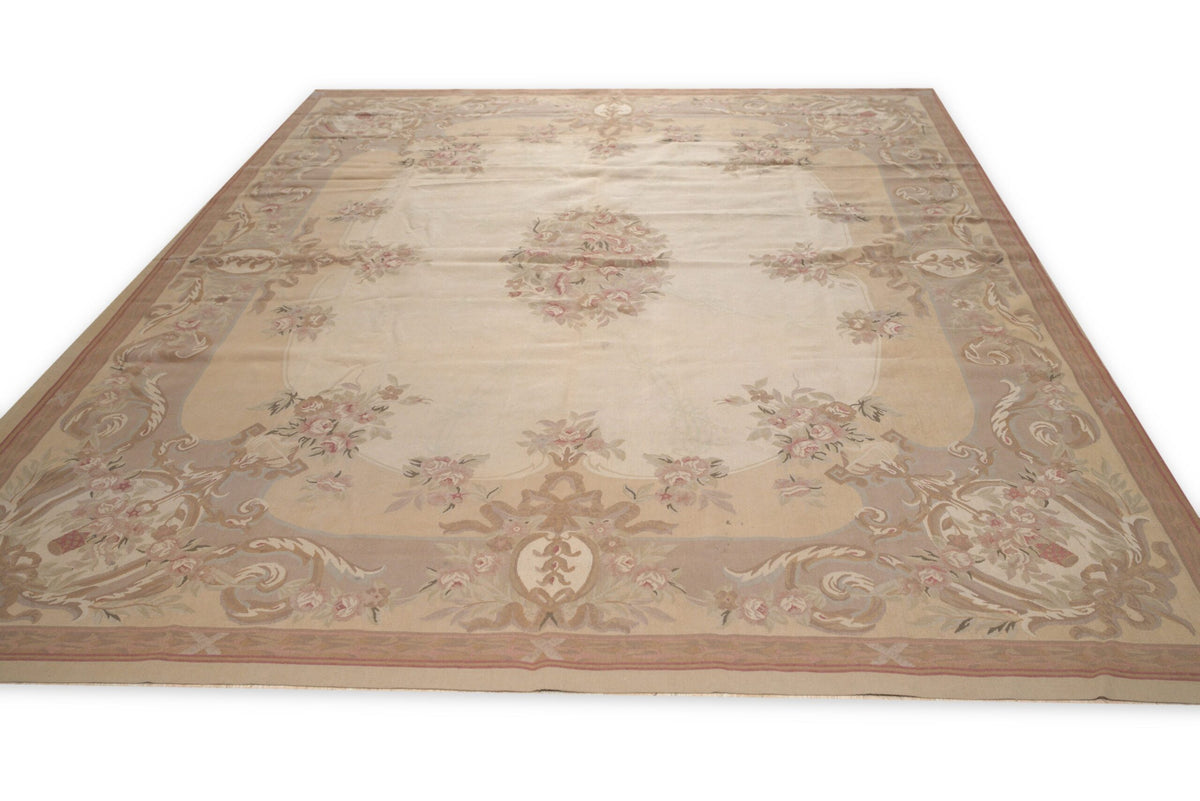 Vintage Aubusson Flat Weave Wool Rug, Beige Rose Bouquet