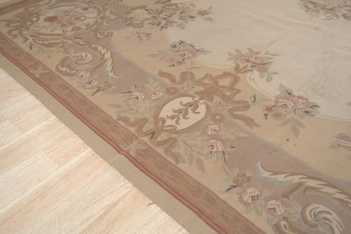 Vintage Aubusson Flat Weave Wool Rug, Beige Rose Bouquet