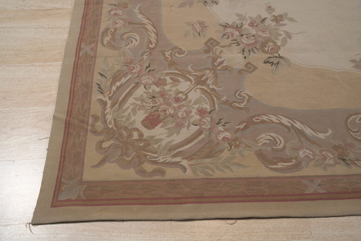 Vintage Aubusson Flat Weave Wool Rug, Beige Rose Bouquet