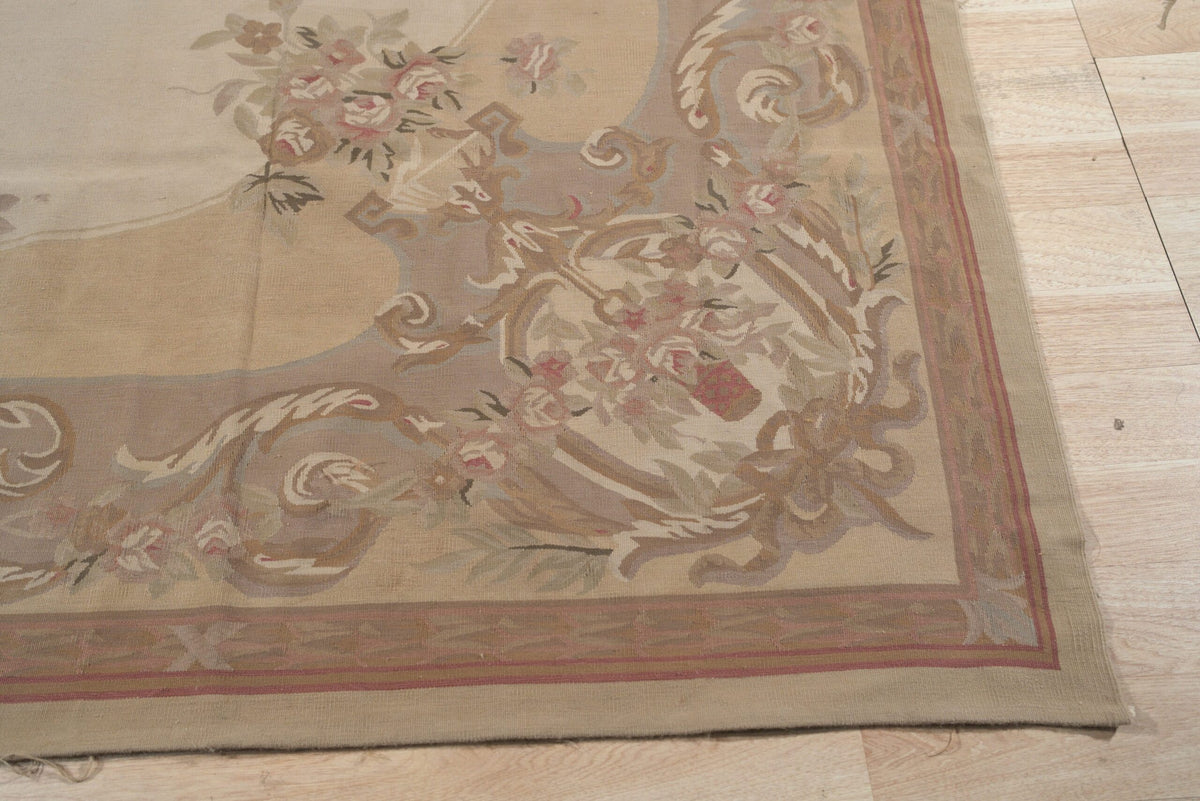 Vintage Aubusson Flat Weave Wool Rug, Beige Rose Bouquet