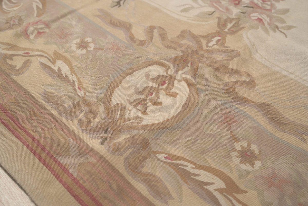 Vintage Aubusson Flat Weave Wool Rug, Beige Rose Bouquet