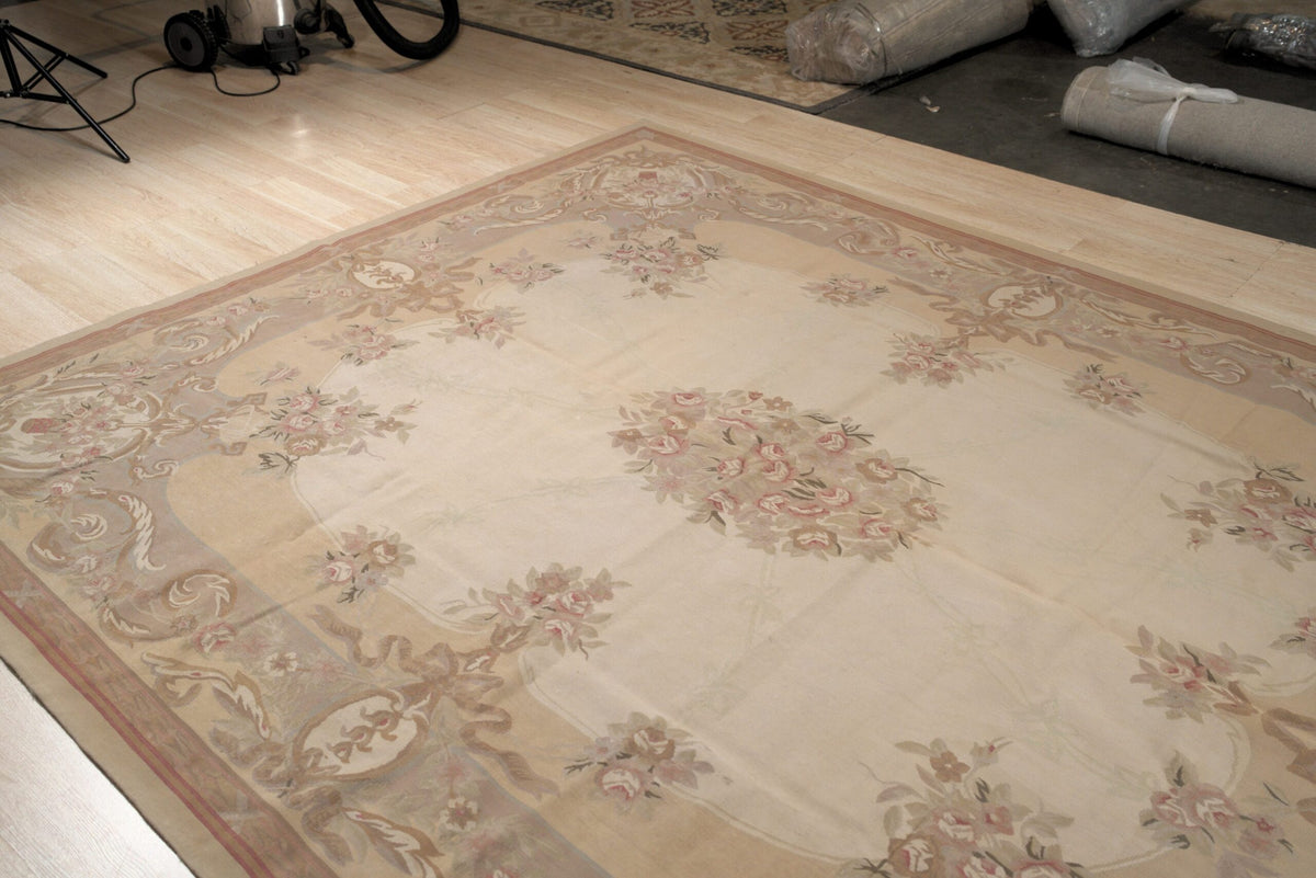 Vintage Aubusson Flat Weave Wool Rug, Beige Rose Bouquet